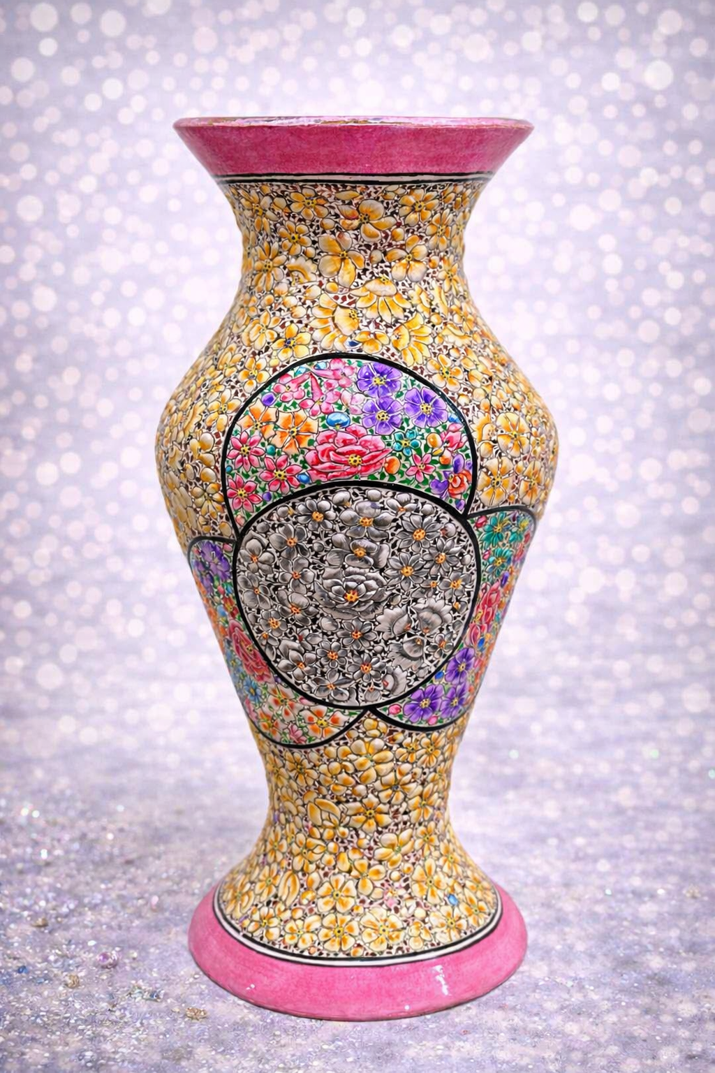 Handmade flower vase , brass flower vase with embosed hand painted floral pattern
